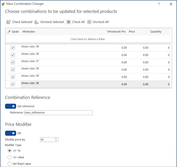 Check Products to Update with Mass Combinations Changer with Store Manager