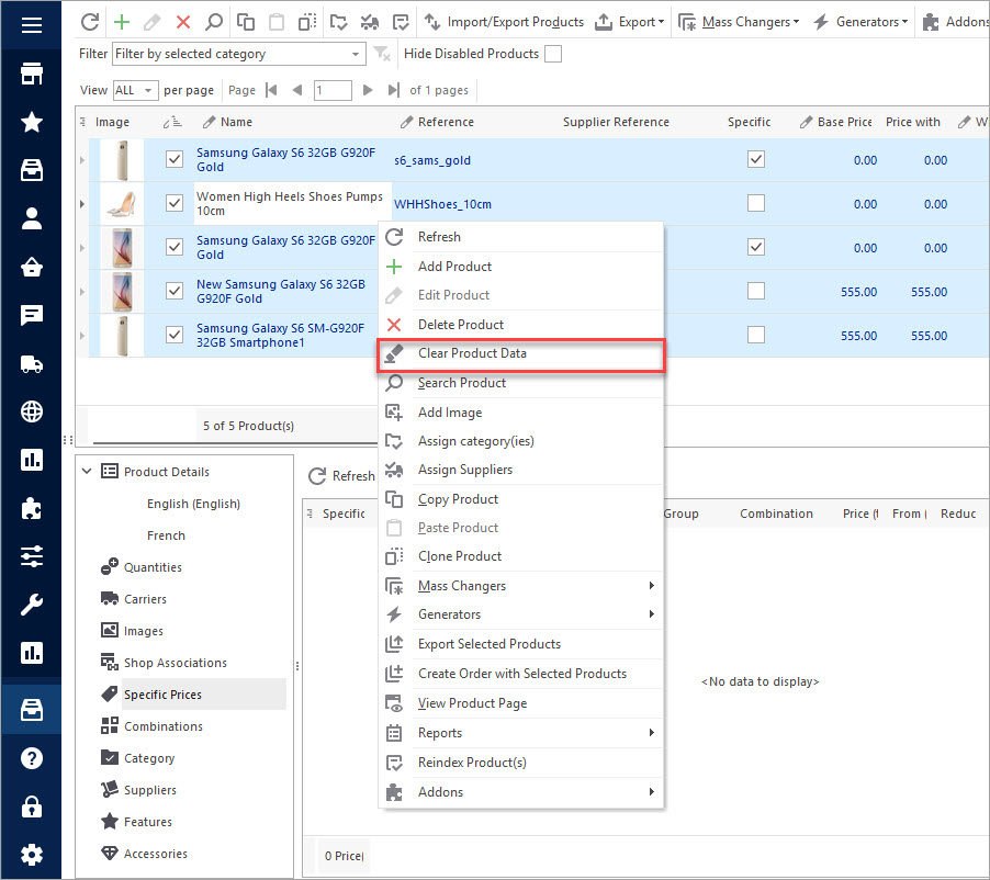 Clear PretaShop Product Data Clear PretaShop Product Data with Store Manager