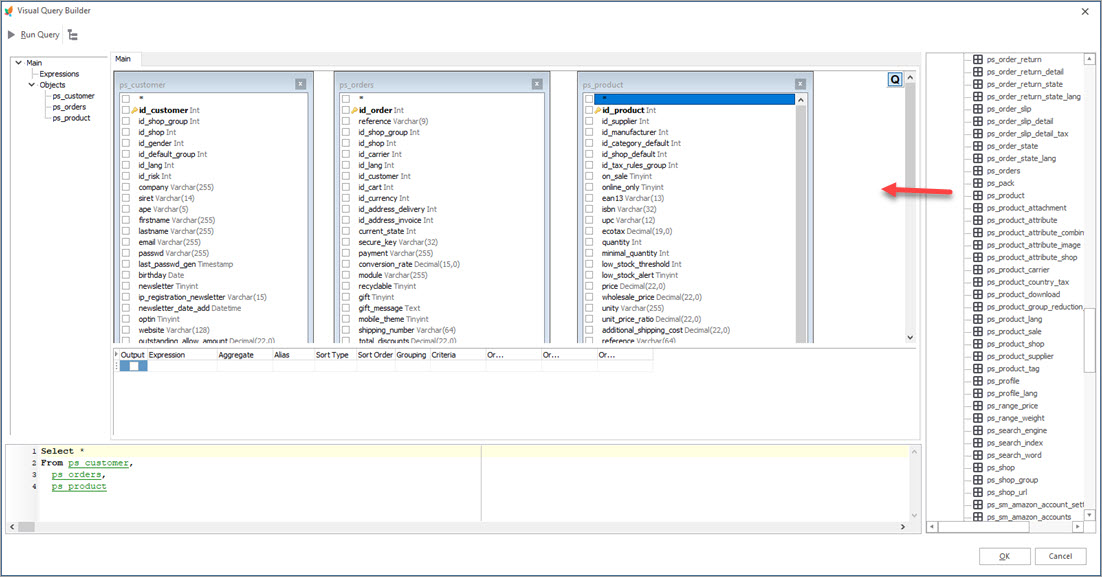 Drag Database Objects to Query Building Grid in PrestaShop Store Manager