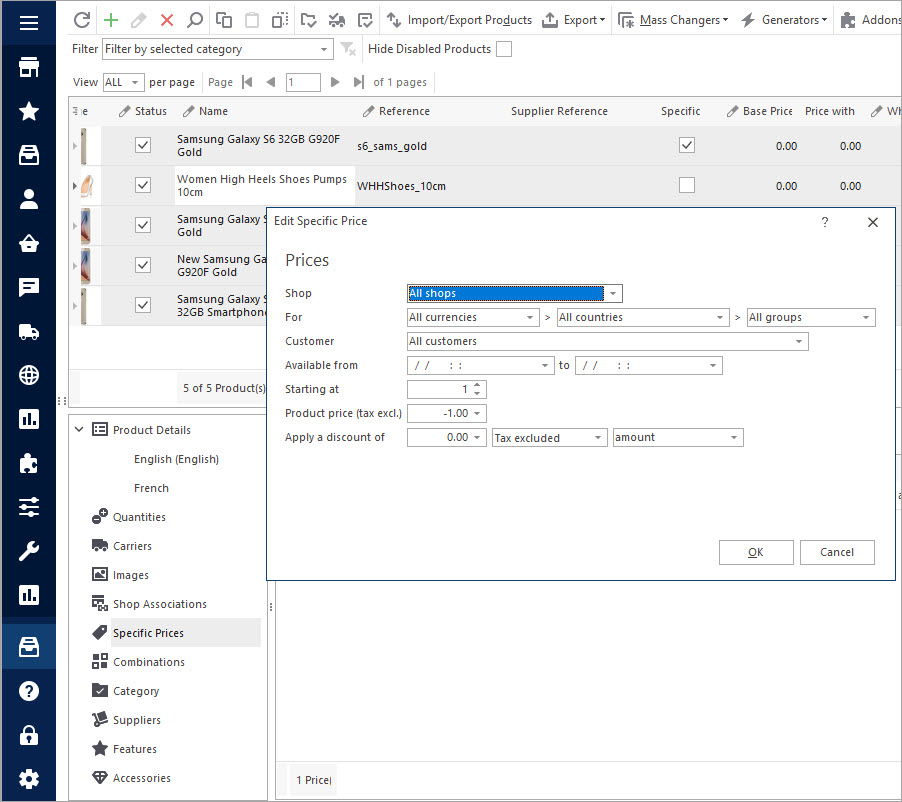 Edit Specific Prices For Selected PrestaShop Products with Store Manager