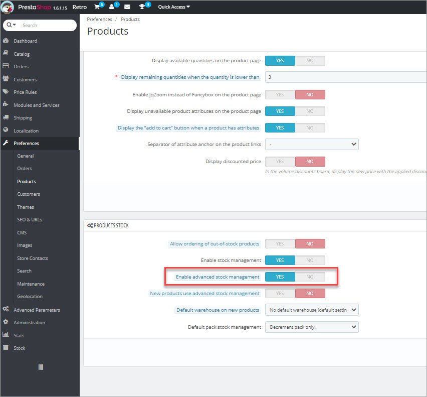 Enable Advanced Stock Management in PrestaShop