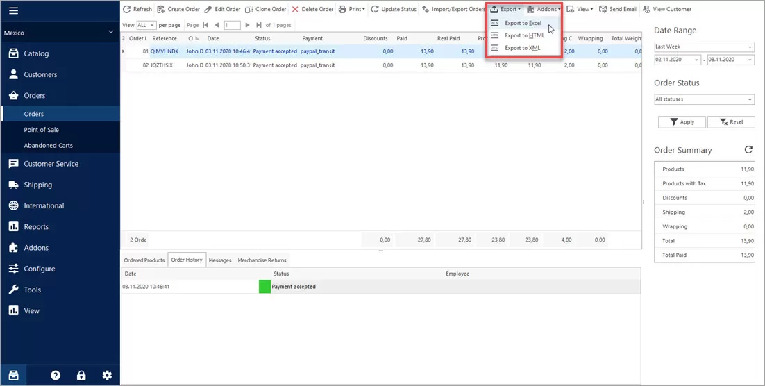Export PrestaShop Orders to Excel with Store Manager