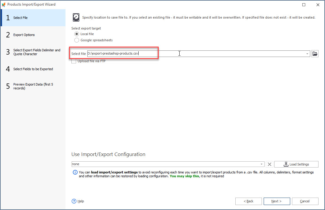 Export PrestaShop Products Select the File Step Export PrestaShop Products with Store Manager Select the File Step