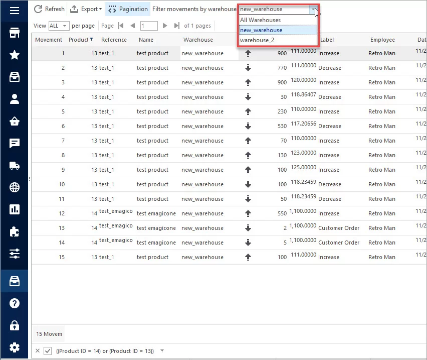 Filter Movements by Warehouse in eMagicOne Store Manager