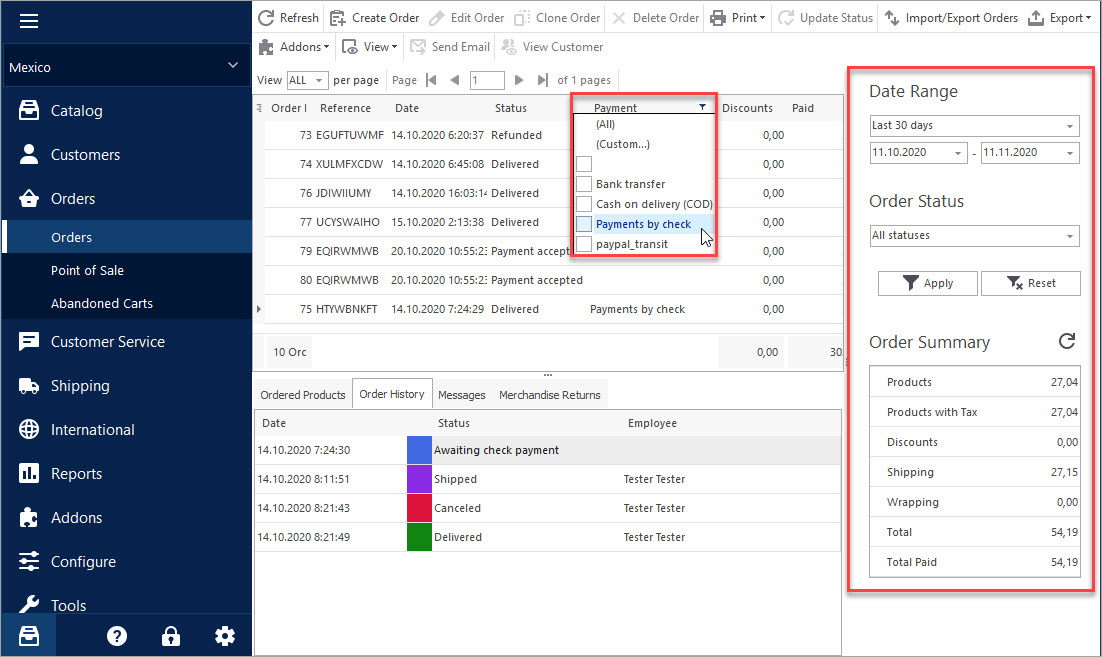 Filter PrestaShop Orders in Store Manager