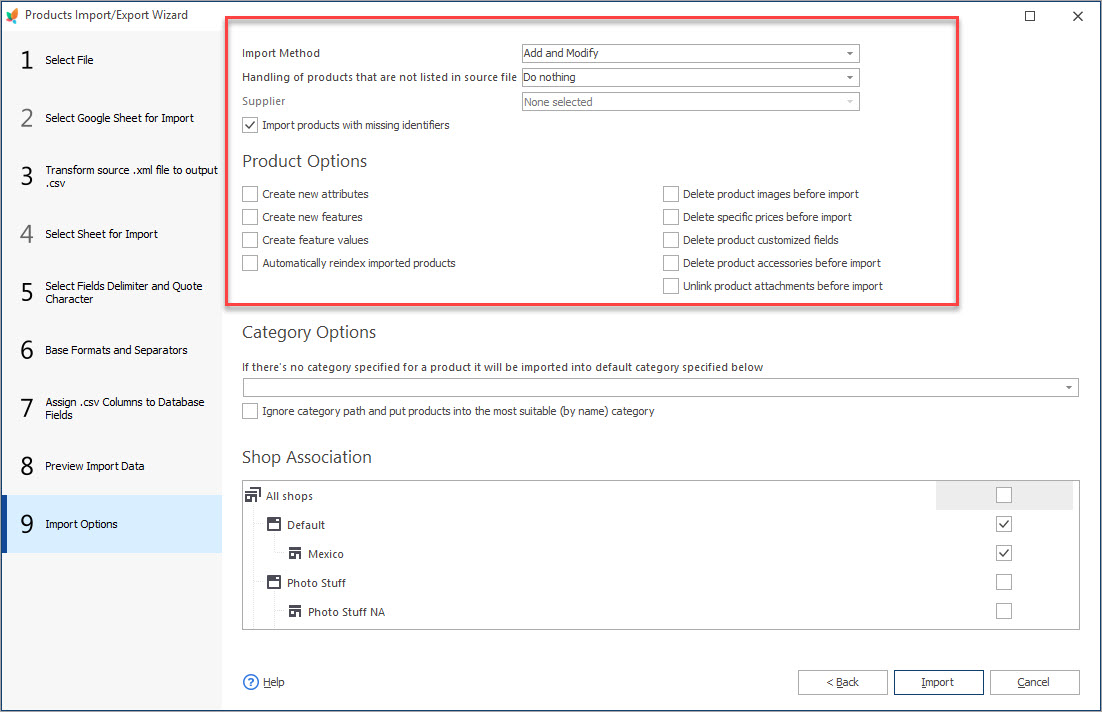 Import Options Import Options Step During Products Import from XML File