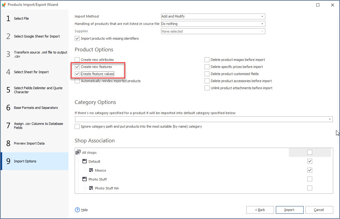 Import Options During Products Features Import