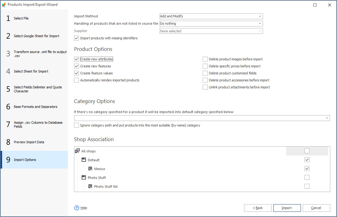 Import Options Set Import Options