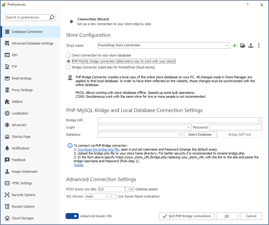 PHP MySQL Bridge Connection Setup with Store Manager