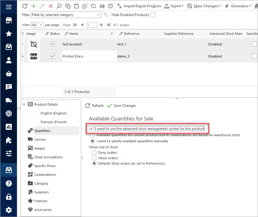 PrestaShop ASM Quantity Handling with Store Manager