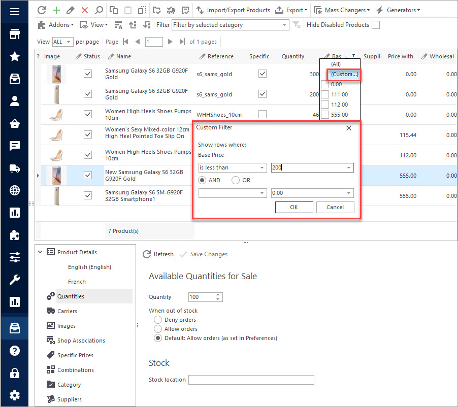 PrestaShop Filter by Scecific Parameters in Store Manager