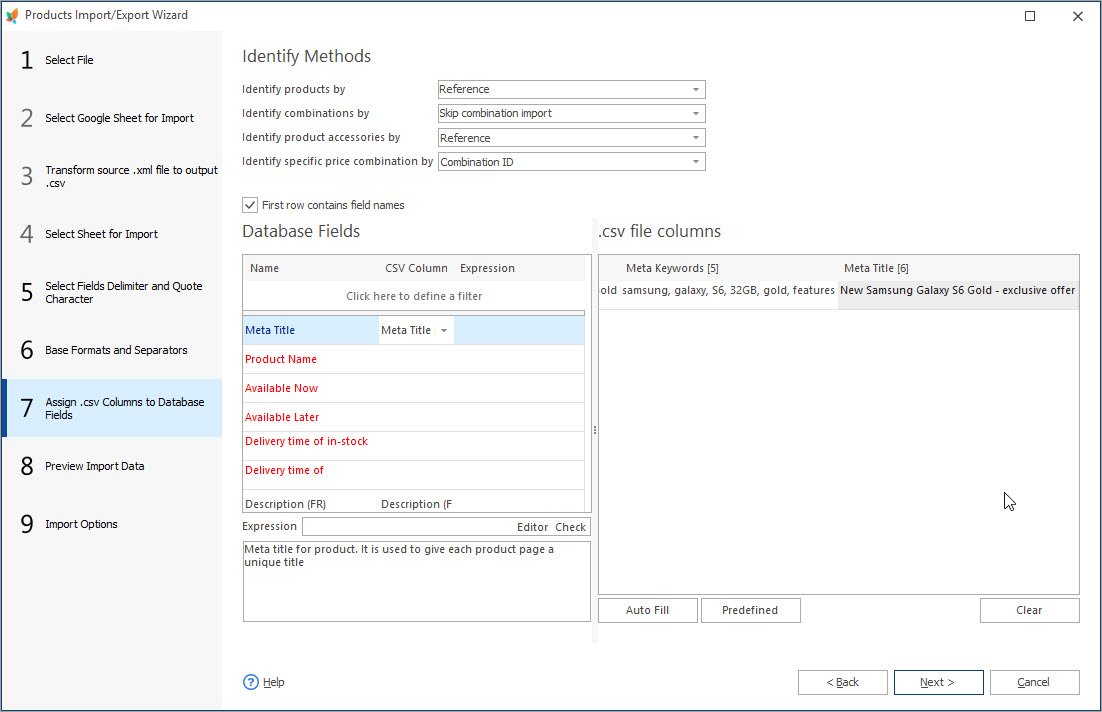 PrestaShop Products SEO Details Import Assign csv Columns Step