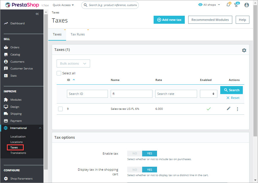 PrestaShop Backend Taxes Settings