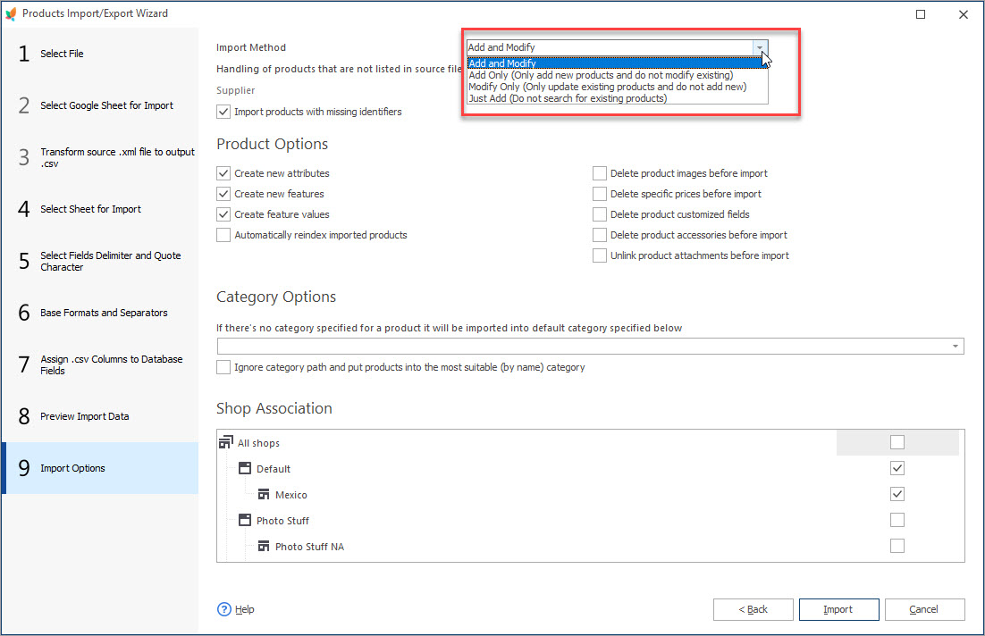 PrestaShop xls Import Options Step PrestaShop xls Import Options