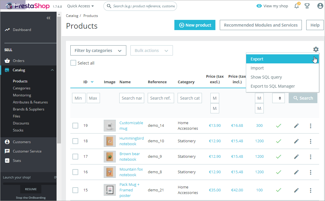 PrestaShop Native Product Export Tool