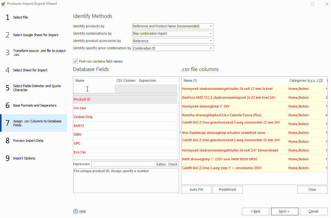PrestaShop Store Manager Columns Mapping Columns Mapping in the Import Products Wizard in PrestaShop Store Manager