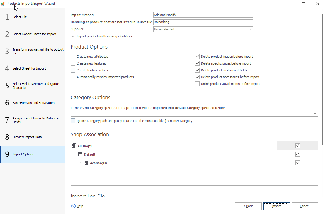 PrestaShop Store Manager Import Wizard Options Options Step in the PrestaShop Store Manager Import Wizard