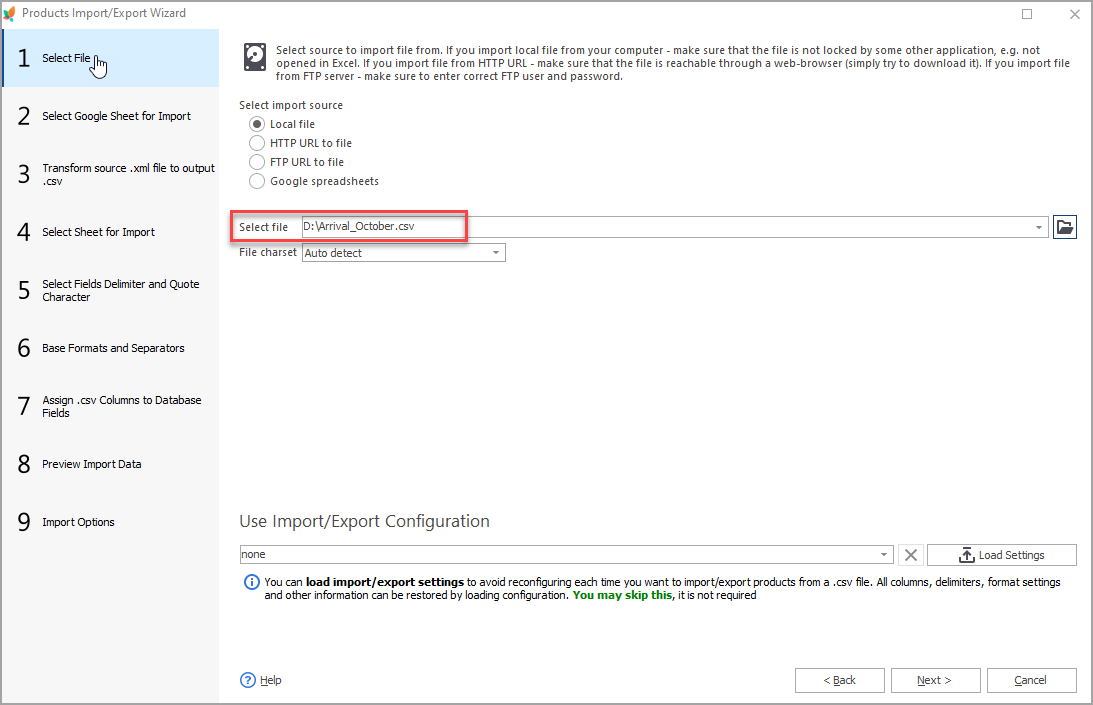 PrestaShop Store Manager Select Import File Selecting the Import File in the PrestaShop Store Manager