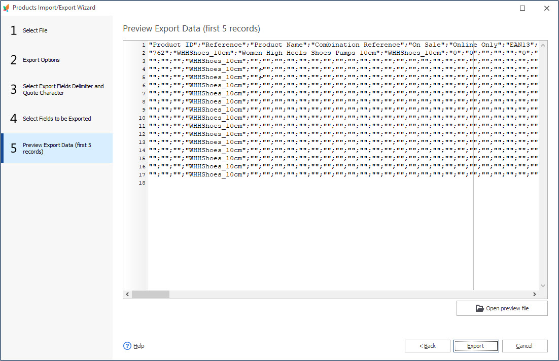 Preview Export Data in Store Manager