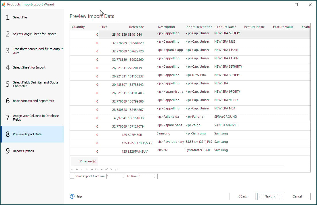 Preview Import Data During Products Features Import
