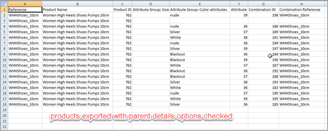 Products Exported with Store Manager with Parent Details Options Checked