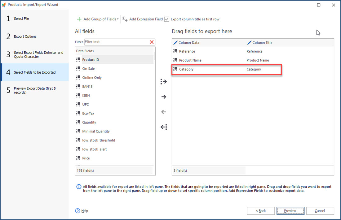 Select Category Field During PrestaShop Products Export