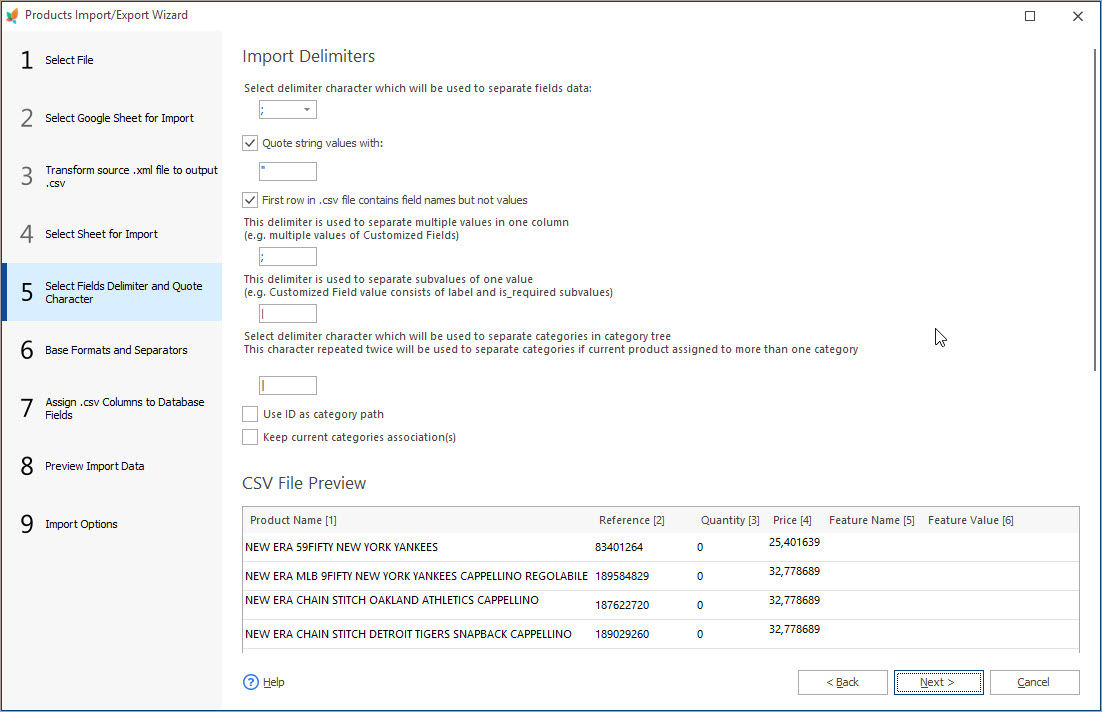 Select Delimiters During Products Features Import