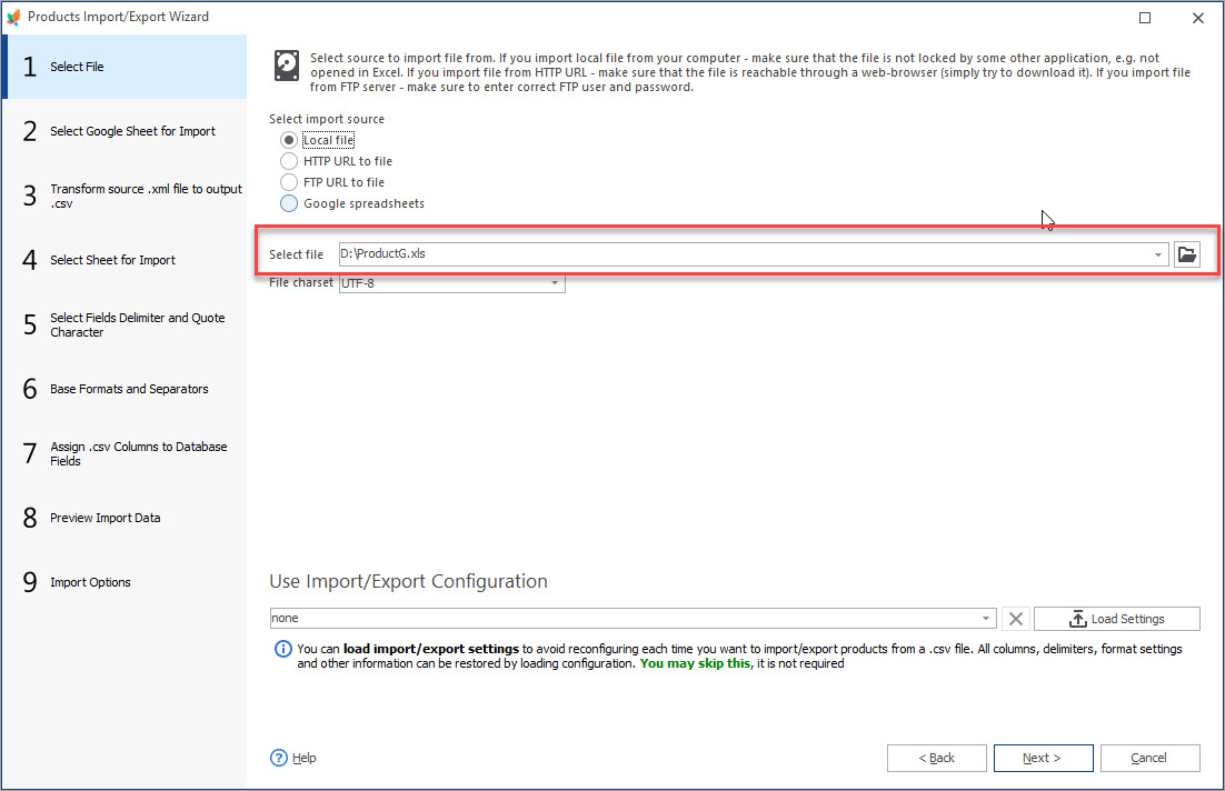 Select Excel File for Products Import