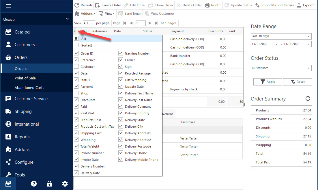 Select Fields for PrestaShop Orders Export