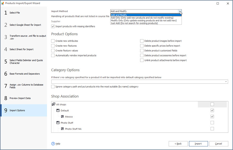 Select Import Options During Combinations Import with Store Manager