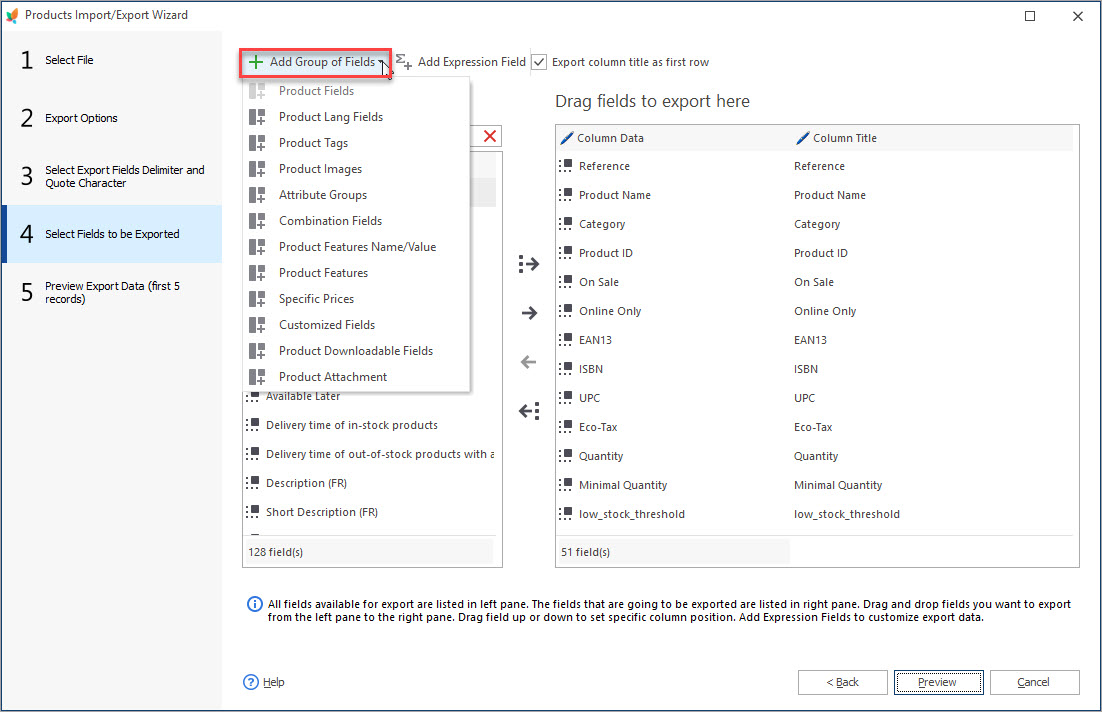 Select Products Fields for Export Select Products Fields for Export with Store Manager
