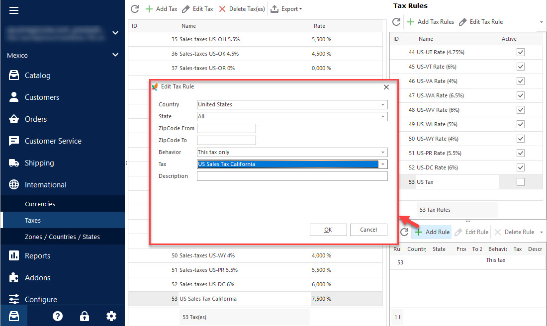 Select the Country and Tax for New Rule with PrestaShop Store Manager