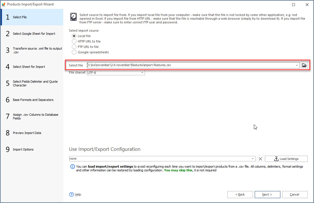 Select the File to Import Products Features with Store Manager