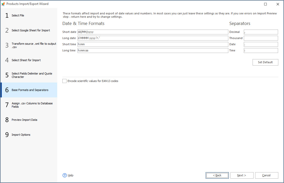 Set Base Formats and Separators During Products Features Import