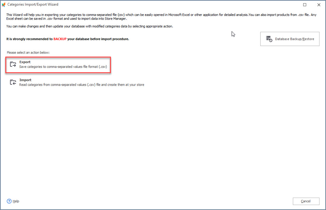 Start Categories Export Wizard