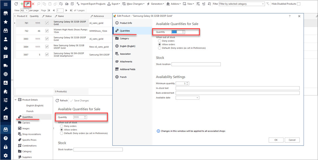 Update Quantity for PrestaShop Products Using Mass Product Changer