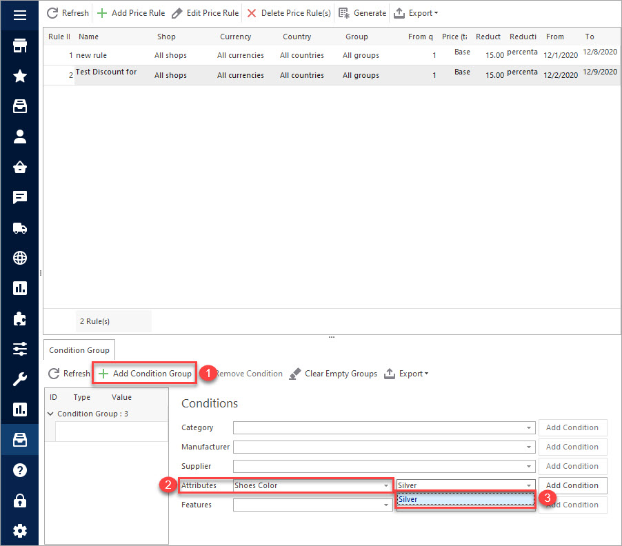 Add Conditions for PrestaShop Price Rule for Combinations with Store Manager