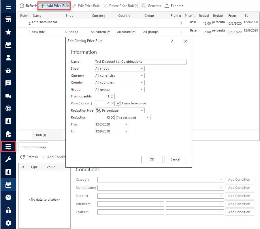 Add New Price Rule for Combinations with Store Manager