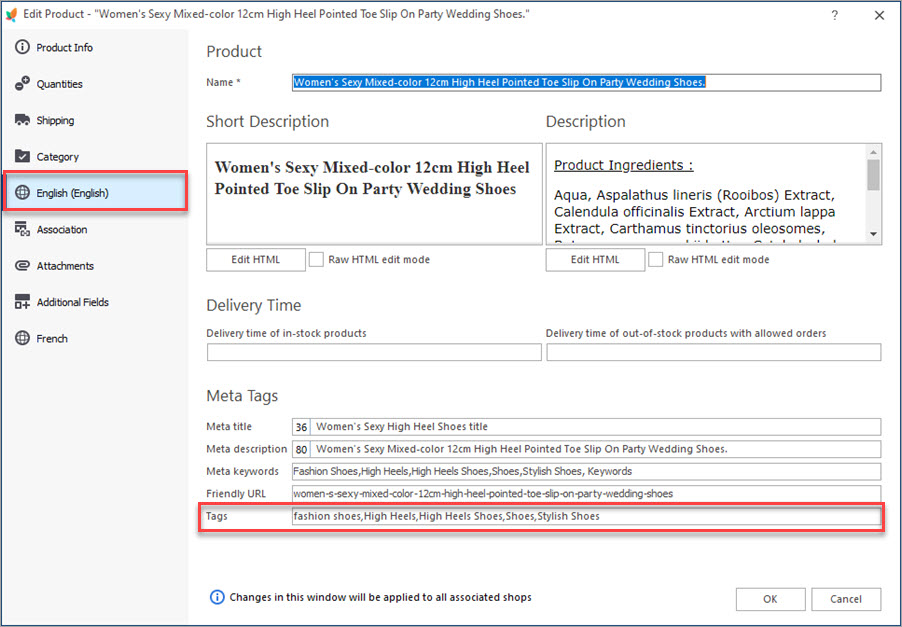 Add Tag to PrestaShop Product in English Tab Add Tag to PrestaShop Product