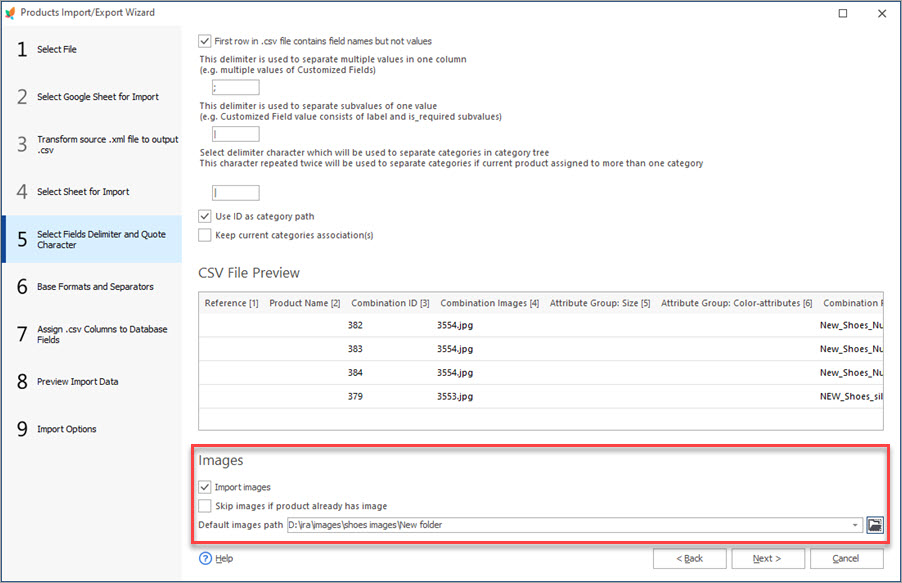 Check Import Images Option at Select Delimiters Step During Combinations Import