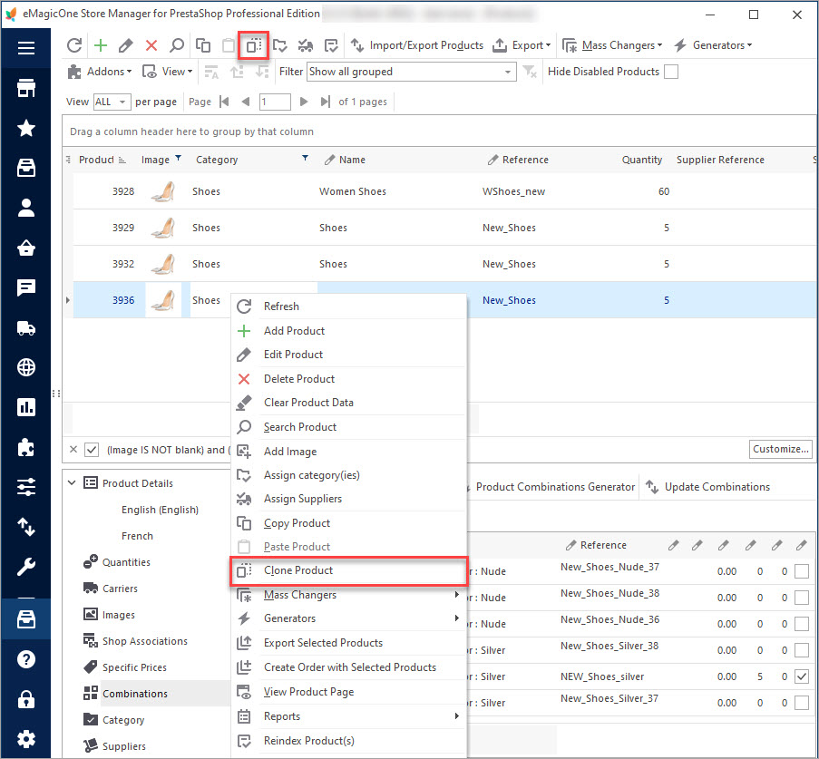Clone Selected PrestaShop Products in Store Manager
