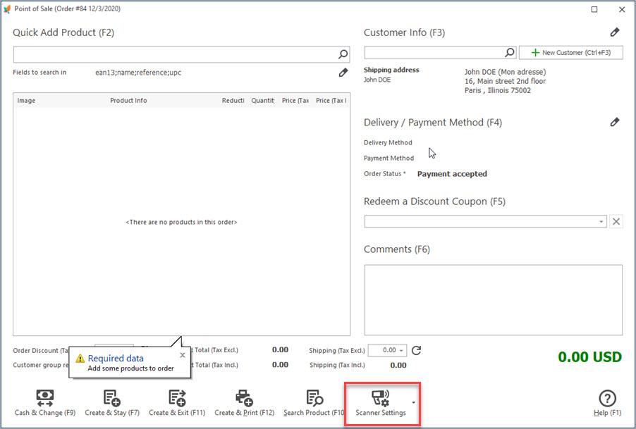 Configure Scanner Settings to Add Items to PrestaShop Orders by Scanning Barcodes with Store Manager