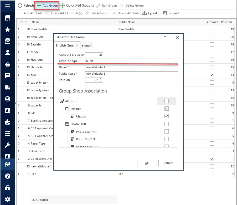 Create New Attribute in PrestaShop Store Manager Create New PrestaShop Attribute in eMagicOne Store Manager