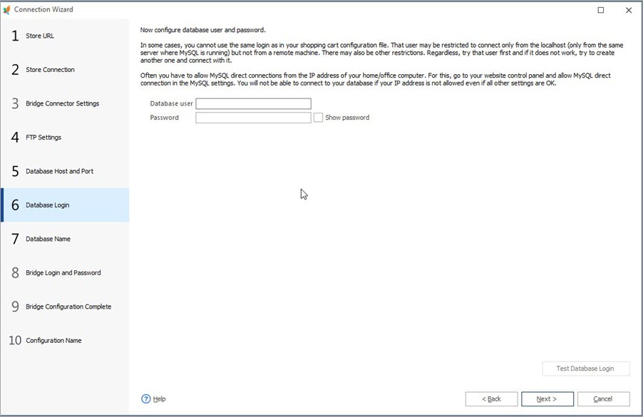Database Login Step of Connection Wizard