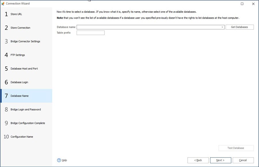 Database Name Step of Connection Wizard