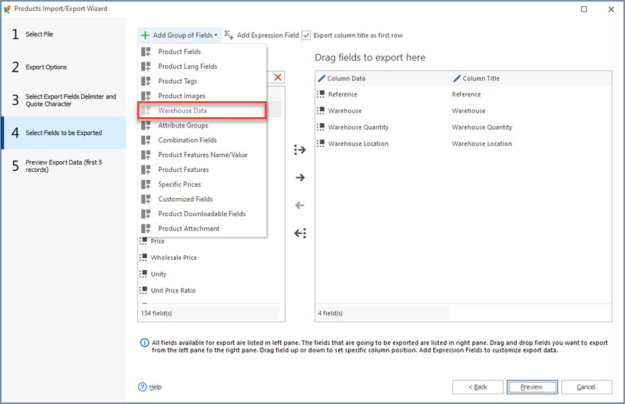 Export Warehouse Data with Store Manager