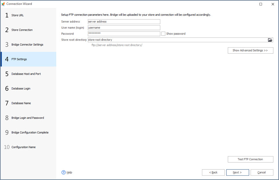FTP Settings Step at Connection Wizard