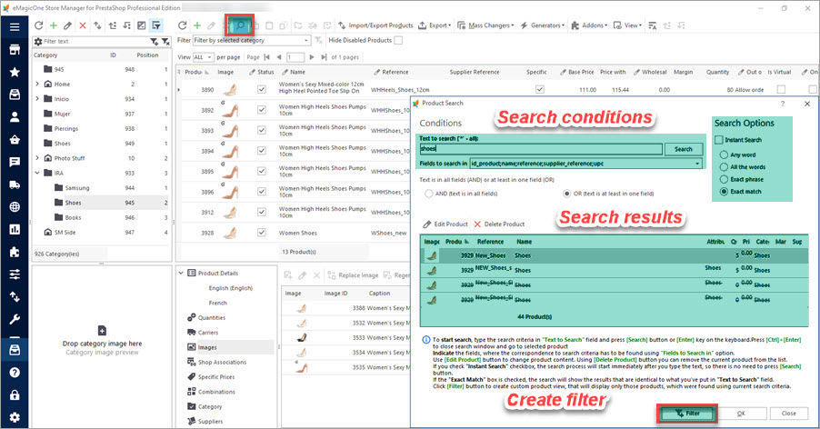 Filter Products Using Search Option with eMagicOne Store Manager