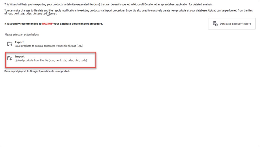 Import Option in Import/Export Wizard in Store Manager