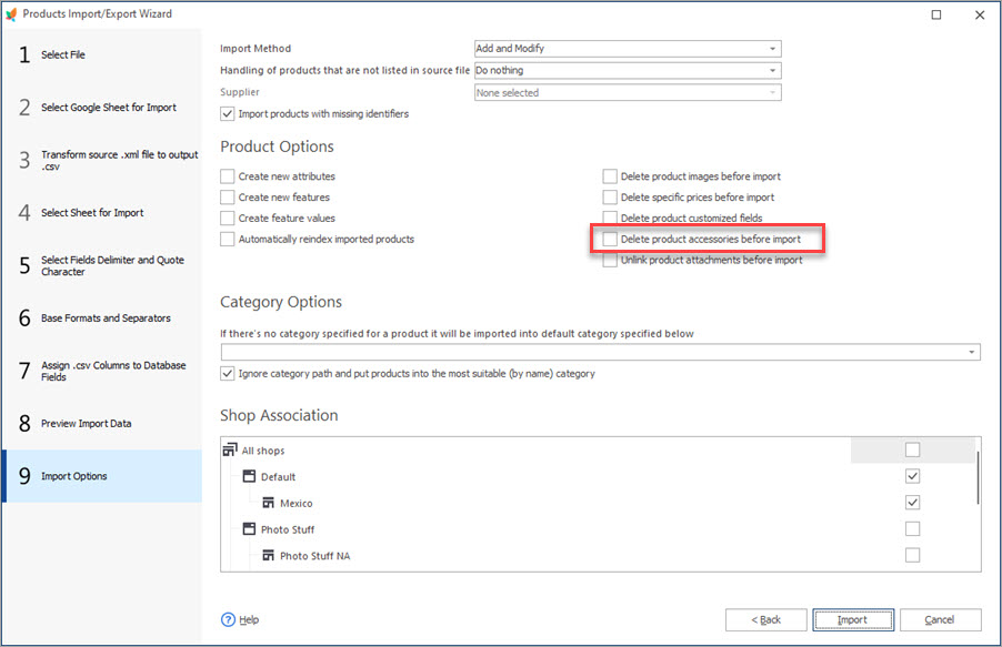 Import Options Step During Products Accessories Import Import Options Step During Products Accessories Import with Store Manager